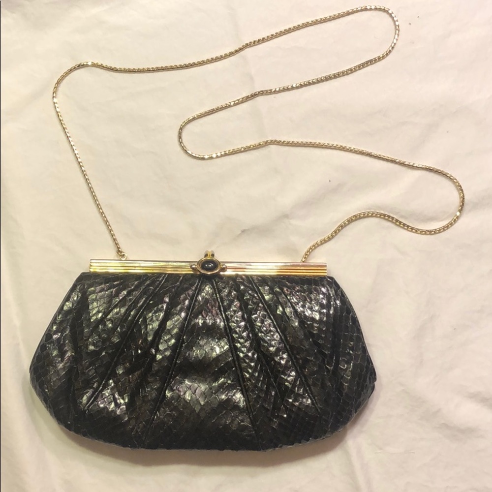 Judith Leiber Black snakeskin clutch